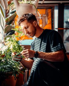 man in black crew neck t-shirt looking at a green plant