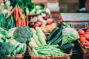 vegetables in wicker baskets